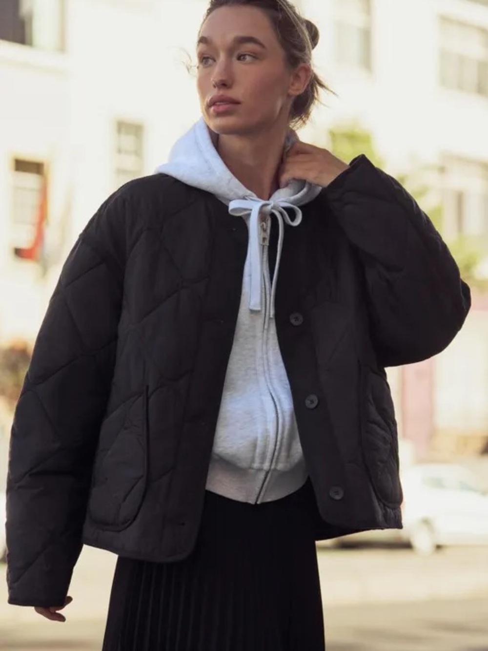 Zara Black Water Repellent Quilted Button Front Jacket Large NWT